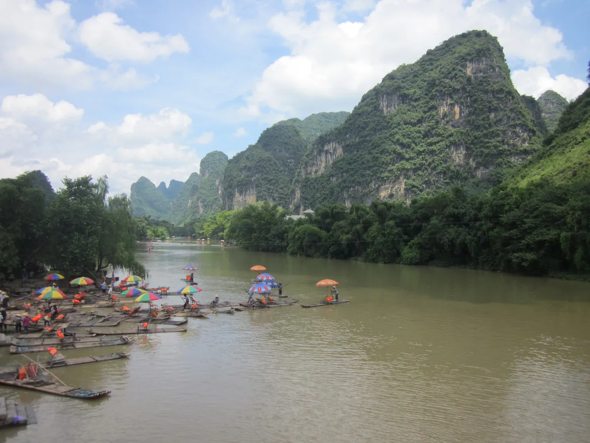 Karst limestone peaks along the Li River near Yangshuo in daylight